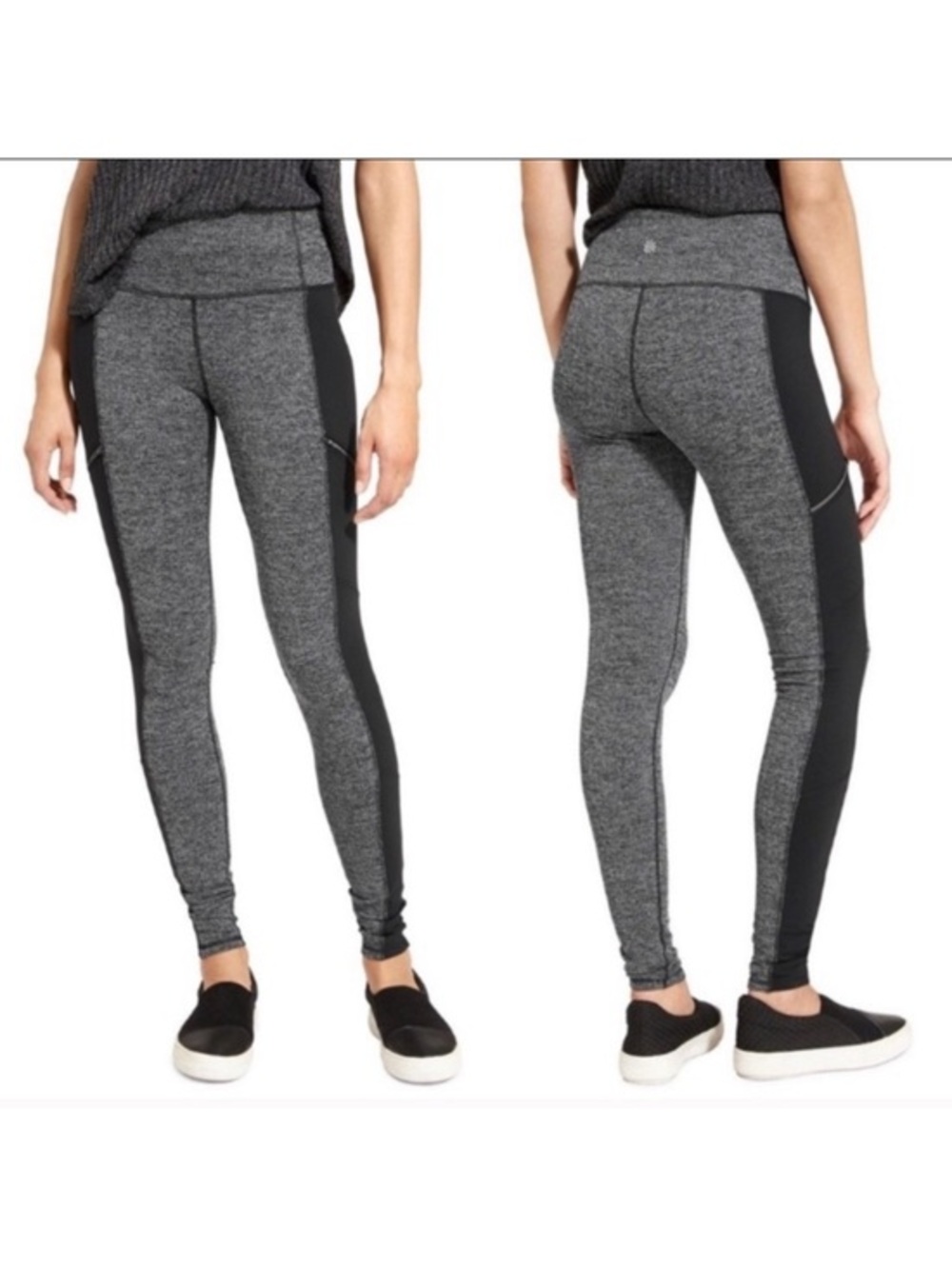 Athleta Criss-Cross Drifter Black & Gray Textured Active Tight Leggings Large